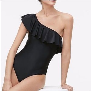 NWT J. CREW Ruffle One-Shoulder Swimsuit Black 14